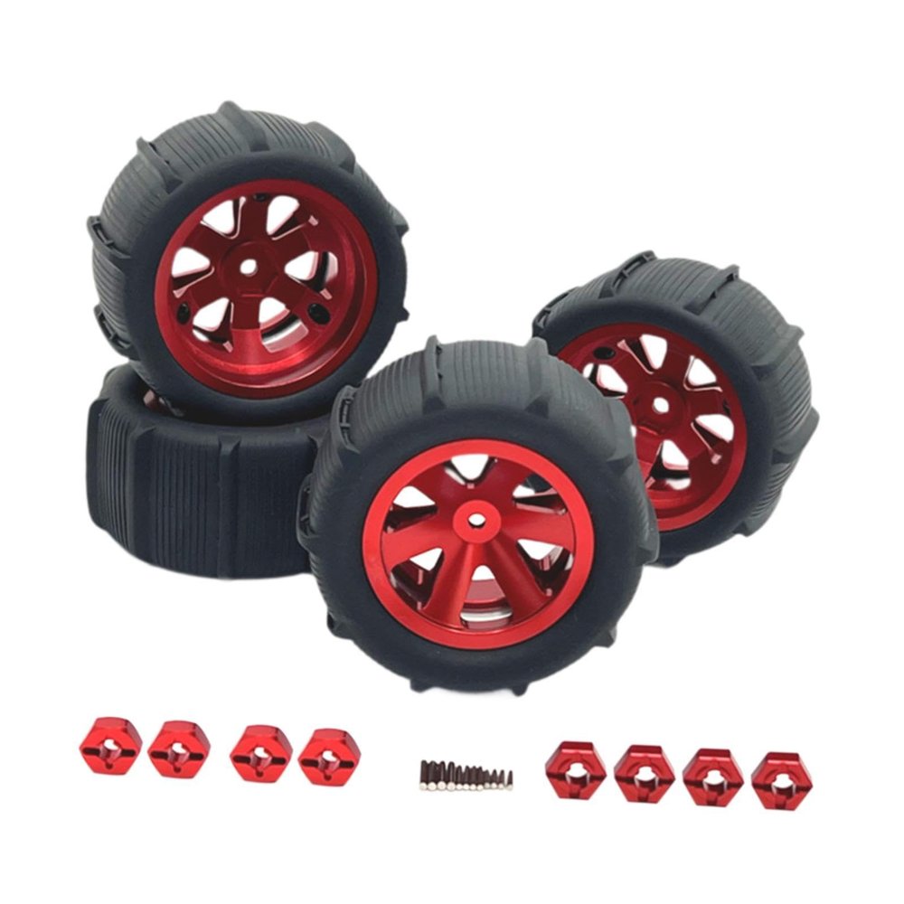 4 Pack RC Car Wheels and Tires for Crawler Vehicles 3.37x1.67 Inch Off-Road Tires with 8 Connectors Universal 1/12 1/14 1/16 1/18 Scale- Red