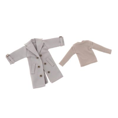 1/12 Scale Male Action Figure Clothes Trench Coat Double Breasted Solid Color Costume Accessories with Long Sleeve Undershirt- Gray