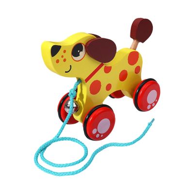 Wooden Pull Along Toy with Bell for Toddlers 1-3 Years, Handmade Push and Pull Activity Toy with String for Indoor Outdoor Play- Dog