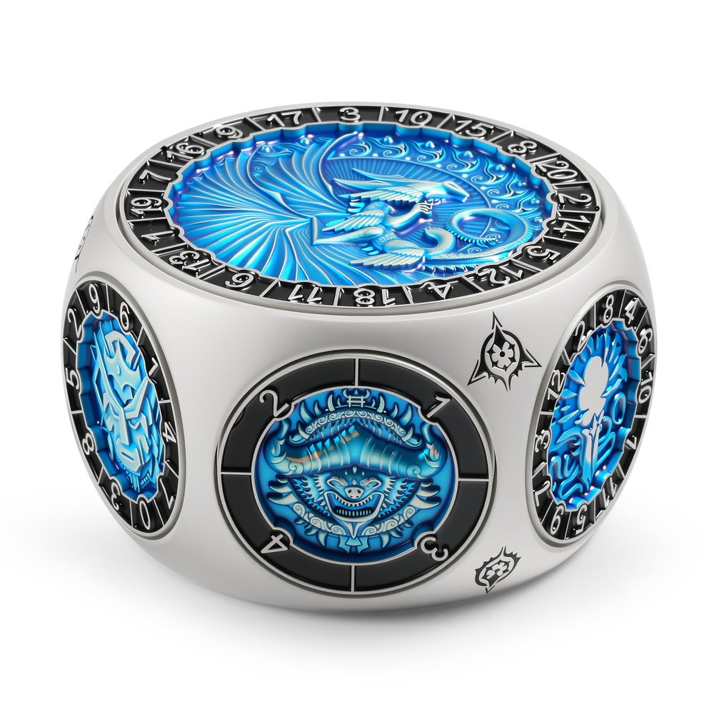 DNDND Unique Hexagonal Spinner Metal Dice, 8-in-1 DND Dice with Dual D20 Monster Themed Dice Set for DND Dungeons and Dragons, Dungeon Masters with Collectible Gift Tin (Silver with Blue)
