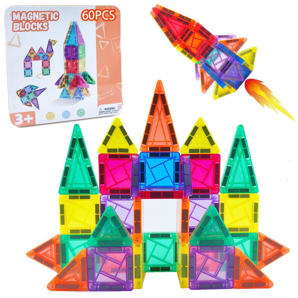 BHXGLWK 60PCS Portable Mini Magnetic Tiles Travel Set with Metal Case, STEM Magnetic Building Blocks Educational Toy for Kids Ages 3-8, Classroom Must Have for Boys and Girls