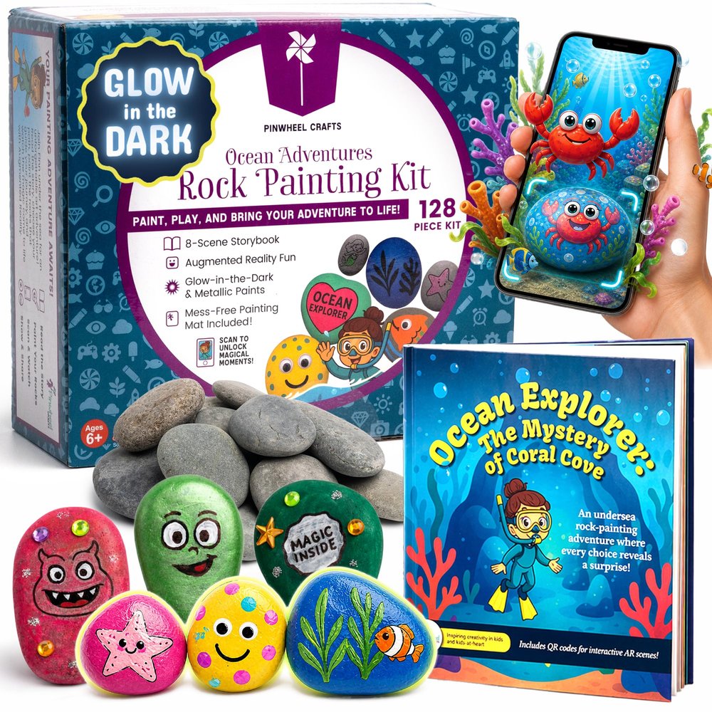 Pinwheel Crafts Glow in the Dark Rock Painting Kit with Interactive AR Storybook 128pc Arts & Crafts Set for Kids Augmented Reality Educational Toy for Boys & Girls Ages 6-12