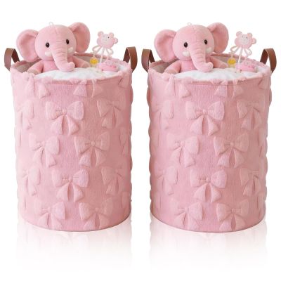 Blushtier 2 Pcs Pink Bow Laundry Hamper Girls Room Decor Coquette Pink Bow Plush Faux Fur Basket Kids Large Storage Basket Collapsible Organize Bins for Gifts Toys Blanket Clothes Nursery Bedroom