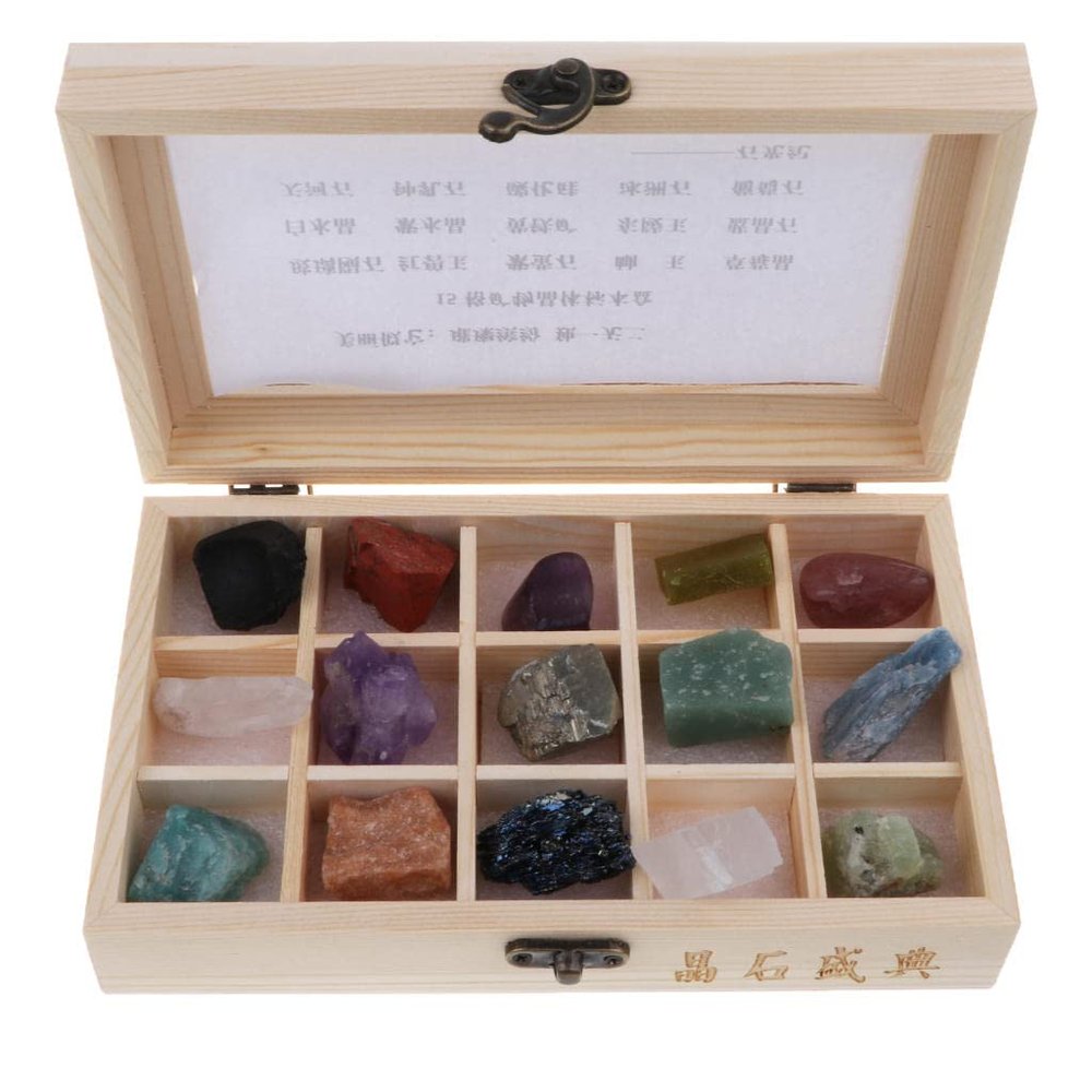 15Pcs Natural Stones Rocks & Mineral Science Kit Geology Learning Tool with Wooden Box