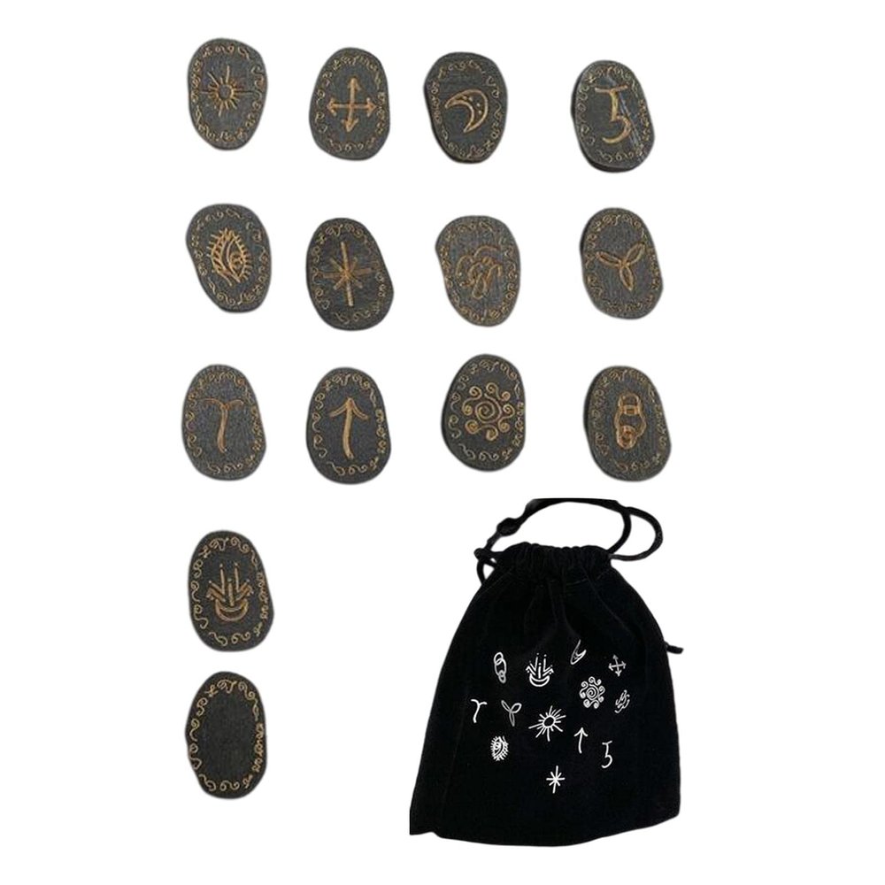 13-Piece Wooden Rune Set with Storage Bag for Divination Fortune Telling Crystal Meditation