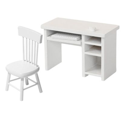 1:12 Miniature Computer Desk and Chair Set Wood Office Desk and Chair Modern Study Table and Chairs Model Set Ornaments Scene