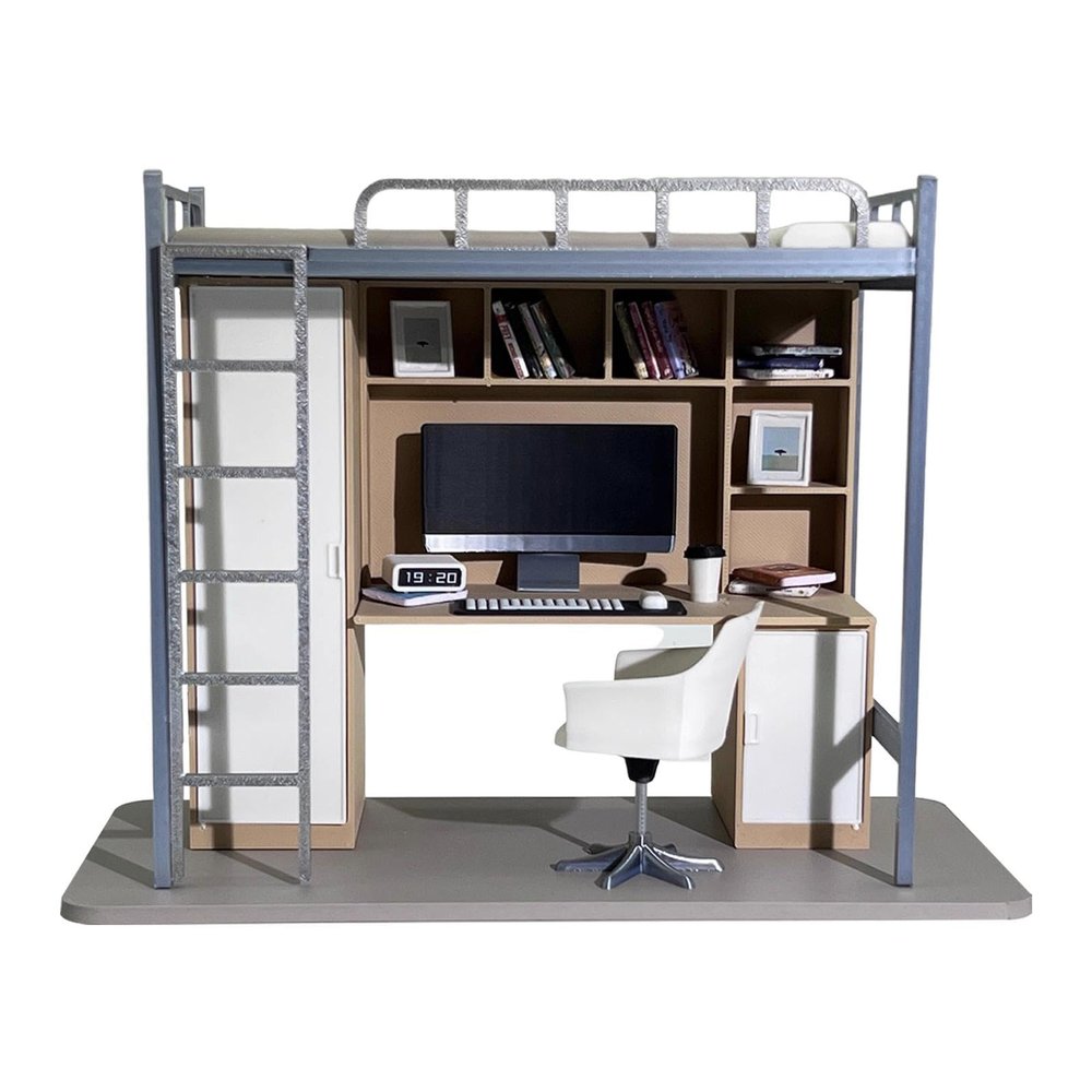 1/12 Scale Dollhouse University Dormitory Furniture Set with Bed, Desk Chair, Computer and Miniature Accessories
