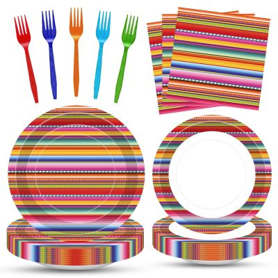 100 Pcs Mexican Fiesta Tableware Party Supplies Set, Serves 25  Disposable Colorful Serape Striped Paper Plates, Napkins, and Forks, Cinco de Mayo, Taco Tuesday, Fiesta and Day of the Dead Decoration