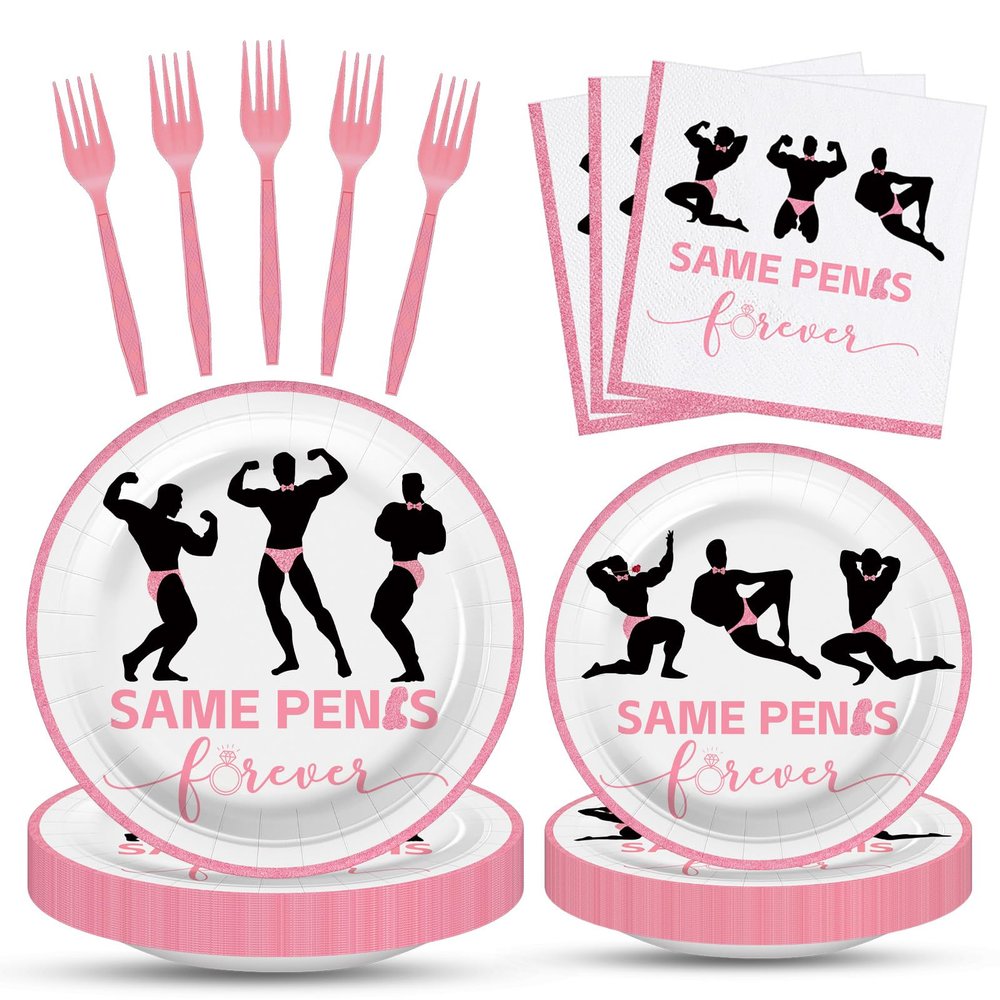 100 Pcs Bachelorette Tableware Party Supplies Set, Serves 25 Disposable Pink Paper Plates, Napkins, and Forks for Bridal Shower, Hen Party, Engagement, Girls Night, Valentines Day Decorations