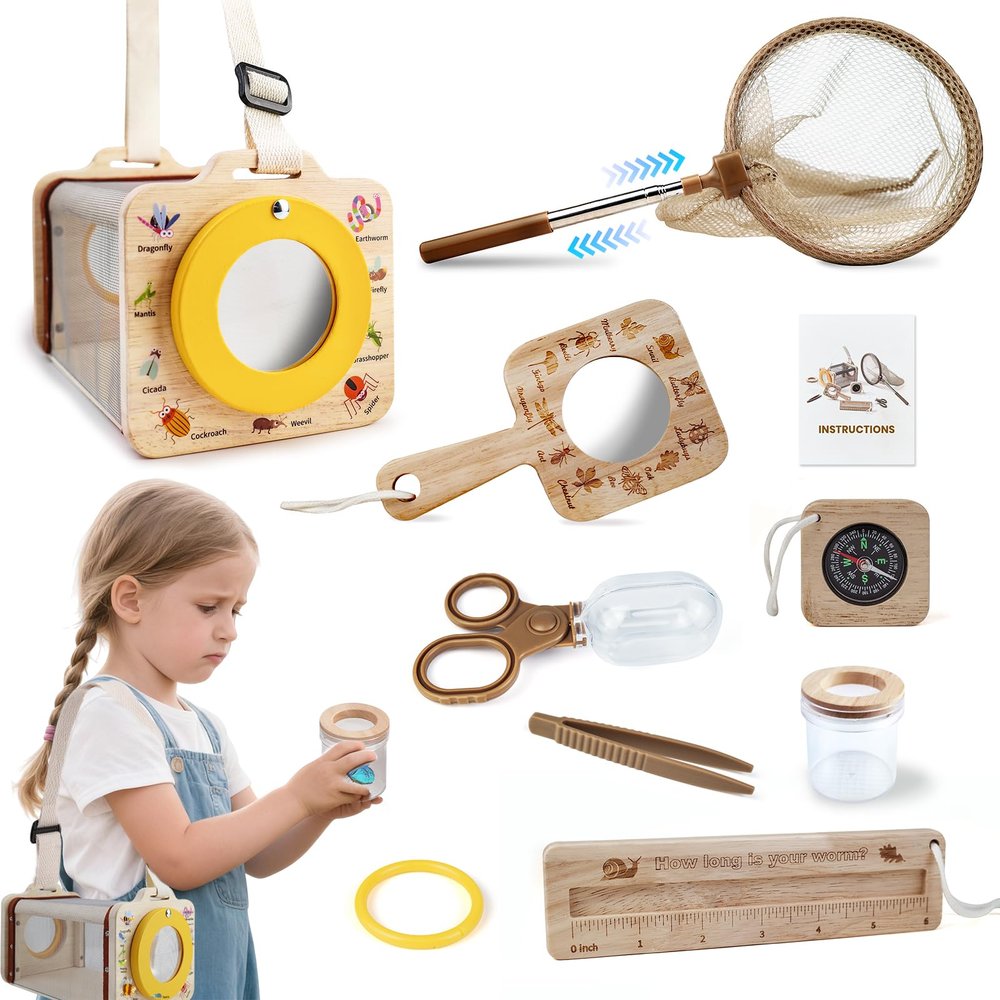 Bug Catcher Kit for Kids, 10 PCS Outdoor Explorer Set with Insect Cage, Butterfly Net, Magnifying Glass, Compass & ID Cards, STEM Nature Exploration Toys for Boys Girls, Backyard Adventure Gift