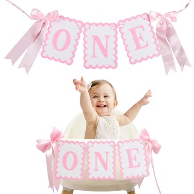 1st Birthday Decorations for Girl, Pink Bow High Chair Banner One Year Old Birthday Docorations, Girls Just Wanna Be One Pink and White Bow Party Supplies