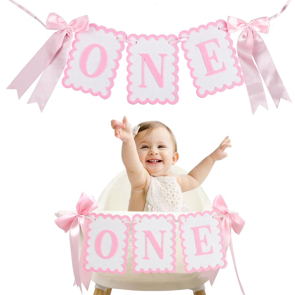 1st Birthday Decorations for Girl, Pink Bow High Chair Banner One Year Old Birthday Docorations, Girls Just Wanna Be One Pink and White Bow Party Supplies