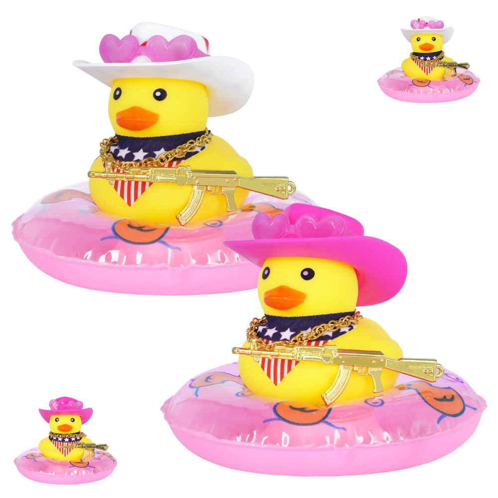 2PCS Cowboy Rubber Duck Car Decorations Set with Hat, Sunglasses, Scarf, Toy Gun, Necklace & Swim Ring - Funny Dashboard Ducks for Car Interior, Office, Home Decor Gift