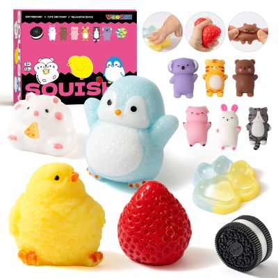 12 Pcs Taba Squishy Toys Pack Include (1 Strawberry,1 Cat Paw,1 Cookie,1 Hamster,1 Chick,1 Penguin,6 Mochi) Cute Taba Sensory Stress Relief Toys,Squishy Fidget Toys Adults,Party Favors Gifts for Kids