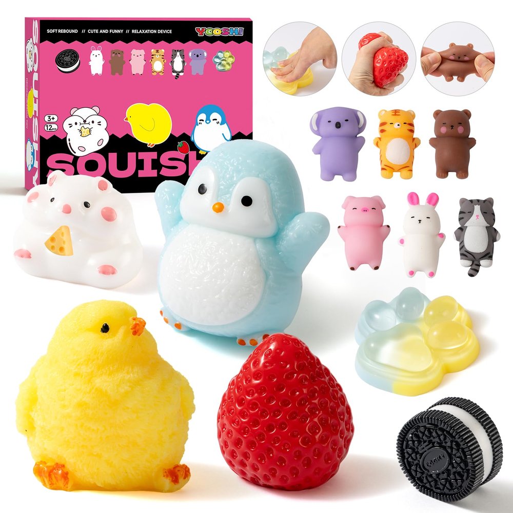 12 Pcs Taba Squishy Toys Pack Include (1 Strawberry,1 Cat Paw,1 Cookie,1 Hamster,1 Chick,1 Penguin,6 Mochi) Cute Taba Sensory Stress Relief Toys,Squishy Fidget Toys Adults,Party Favors Gifts for Kids