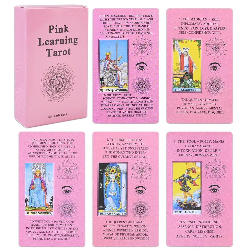 GINCEVHY 78 Beginner Pink Learning Tarot Cards Deck Tarot with Meanings, Illustrated Tarot Deck for Divination, Meditation & Gifts