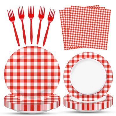 100 Pcs Red White Gingham Party Supplies Set, Serves 25  Disposable Checkered Paper Plates, Napkins, and Forks, Classic Picnic Themed Tableware for BBQ, Outdoor, Birthday, Holiday Party Decorations