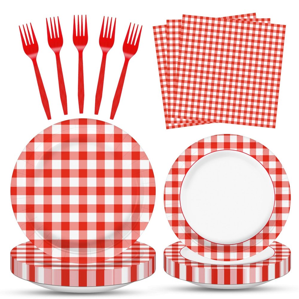 100 Pcs Red White Gingham Party Supplies Set, Serves 25  Disposable Checkered Paper Plates, Napkins, and Forks, Classic Picnic Themed Tableware for BBQ, Outdoor, Birthday, Holiday Party Decorations