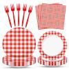 100 Pcs Red White Gingham Party Supplies Set, Serves 25  Disposable Checkered Paper Plates, Napkins, and Forks, Classic Picnic Themed Tableware for BBQ, Outdoor, Birthday, Holiday Party Decorations view 1