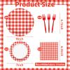100 Pcs Red White Gingham Party Supplies Set, Serves 25  Disposable Checkered Paper Plates, Napkins, and Forks, Classic Picnic Themed Tableware for BBQ, Outdoor, Birthday, Holiday Party Decorations view 2