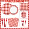 100 Pcs Red White Gingham Party Supplies Set, Serves 25  Disposable Checkered Paper Plates, Napkins, and Forks, Classic Picnic Themed Tableware for BBQ, Outdoor, Birthday, Holiday Party Decorations view 3