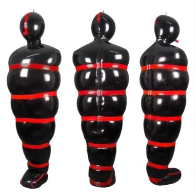 Black Latex Catsuit Inflatable Sleeping Sack Bag with Red Straps and Zipper,Black and Red,Men-XXL