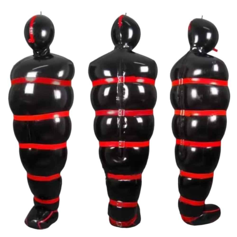 Black Latex Catsuit Inflatable Sleeping Sack Bag with Red Straps and Zipper,Black and Red,Men-XXL