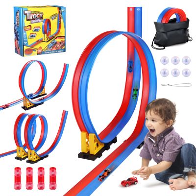 Flexible Race Car Track for Kids  15ft DIY Bendable Ramp with Suction Cups  Portable Roll-Up Car Track for Kids Compatible with 1:64 Diecast Cars  Birthday Christmas for Boys Girls Ages 3+