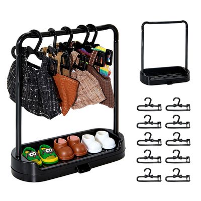 15-17cm Doll Clothes Hanger Shoes Stand with Base, 10 Pcs Clothes Hangers for Doll Accessories, Frame with Drain Hole Durable Plastic Dolls Wardrobe Organizer for Dollhouse Decor(Black)