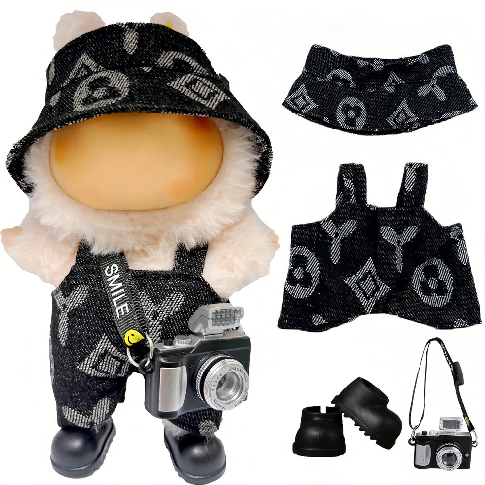 17cm Labubu Clothes Set (No Doll) - 4PCS Denim Overalls with Hat, Camera, Shoes - Complete Cute Fashion Outfits Doll Clothing Accessories for Labubu Doll Dress Up ( Black )