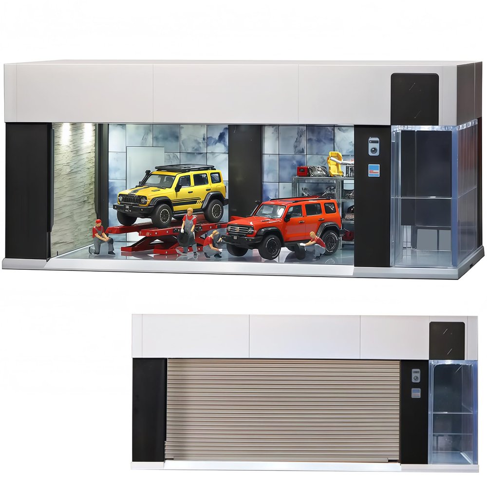 Storage for Hot Wheels 1/64 Scale Toy Car Display Case Stackable Parking Garage with Lights and Electric Voice-Control 3 Replaceable 3D Scene Dioramas (Brown)