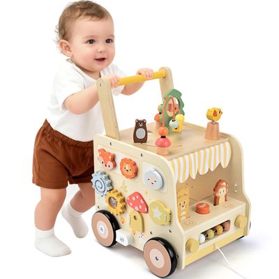 Pithfor Wooden Activity Cube Push Walker, Wooden Baby Walker, Montessori Toys for Babies 10-12 Months 1 2 3 Years Old Boys & Girls, Help Learning to Walk & Sit-to-Stand