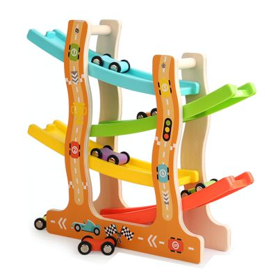 Wooden Race Track Car Ramp Toy Set with 6 Mini Cars, Educational Vehicle Playset for Toddlers 1-3 Years