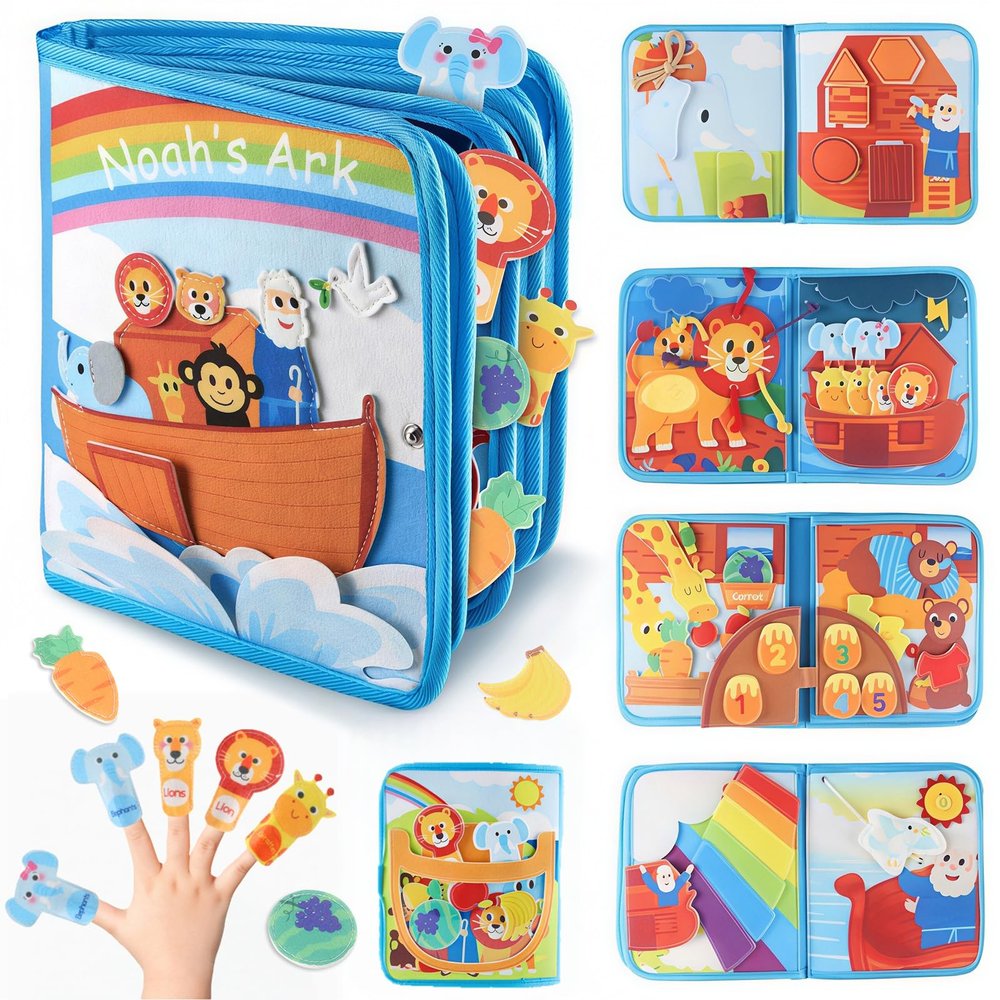 Noah's Ark Busy Book for Toddlers 1-3, Montessori Busy Board Educational Learning Toys for 1 2 3 Years Old Boy Girl Birthday Gifts,Toddler Toy Airplane Travel Essential Animals Activity Books