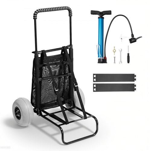 Beach Dolly with Big Wheels for Sand, 20.1" x 14.6" Cargo Deck, w/ 9" Balloon Wheels, 165LBS Loading Capacity Folding Sand Cart & 27.2" to 44.9" Adjustable Height, Heavy Duty Cart for Beach