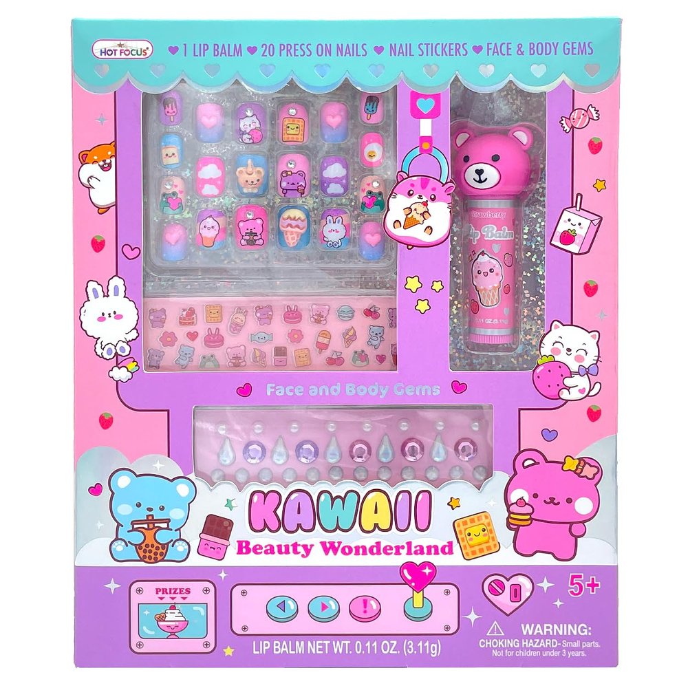Hot Focus | Critter Pals Beauty Set for Girls  Press-On Nails, Fruity Lip Balm, Nail Stickers & Face/Body Gems, Fun Non-Toxic Kids Makeup & Accessories Kit (Sweet Beauty)