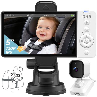 GHB Wireless Baby Car Camera 5" HD, 3500mAh Baby Monitor 2000mAh Camera Non WiFi, Temperature Alert, 720P Night Vision VOX Mode, 360 Rotatable Rear Facing Monitor Baby Essentials Gifts for Home Pets