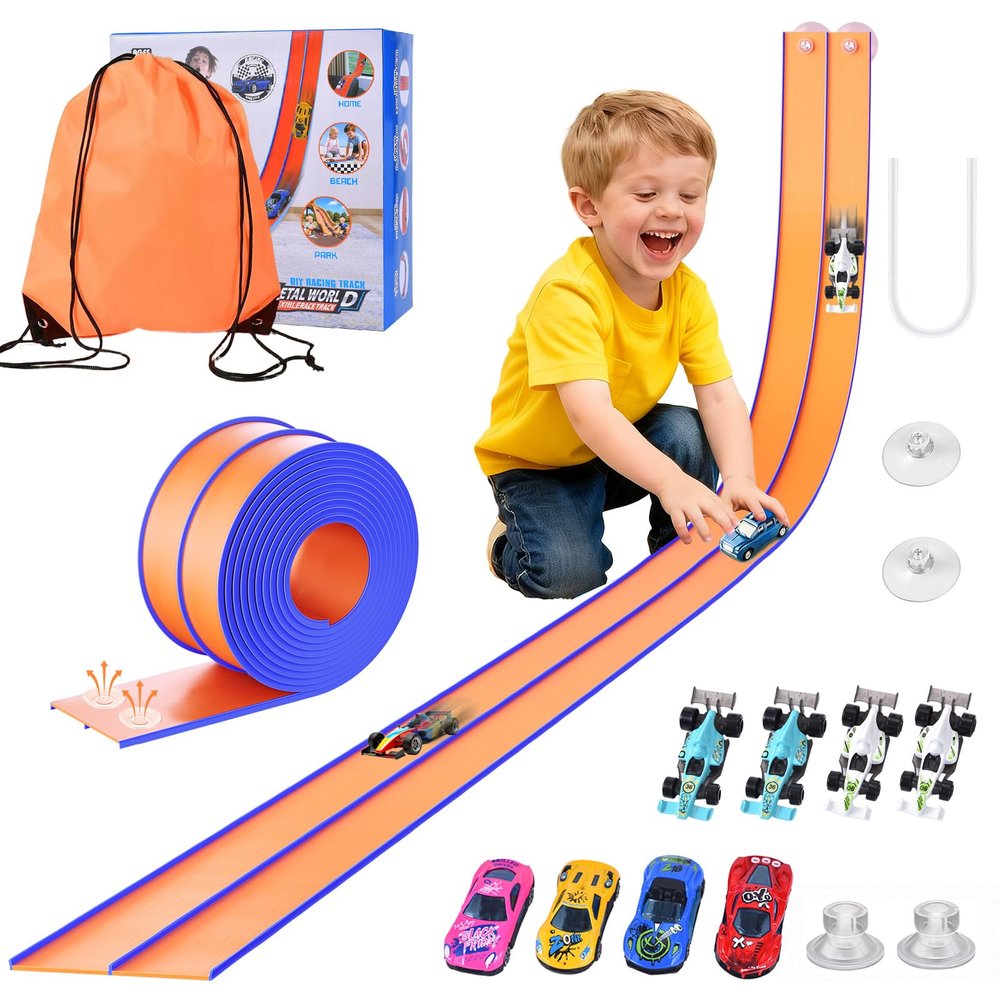 Flexible Race Track Toys for Kids  15ft Roll-Up Car Racetrack with Suction Cups | Portable DIY Road Playset Compatible with 1:64 Scale Diecast Cars | Christmas Birthday Gifts for Boys & Girls Aged 3+