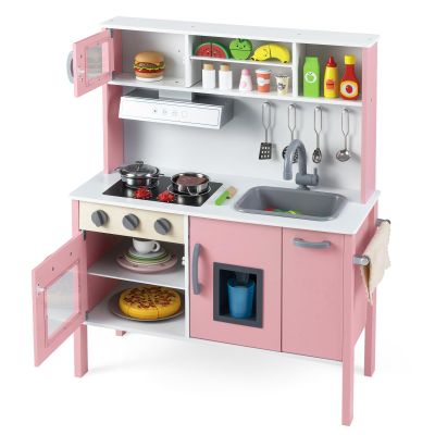 Costzon Kids Kitchen Playset, Wooden Pretend Toddler Kitchen Toy Set w/Sound, Microwave, Oven, Ice Maker, Range Hood, Stoves, Sink & 18 Accessories, Pink Play Kitchen for Girls Ages 3+