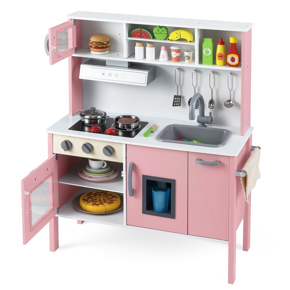 Costzon Kids Kitchen Playset, Wooden Pretend Toddler Kitchen Toy Set w/Sound, Microwave, Oven, Ice Maker, Range Hood, Stoves, Sink & 18 Accessories, Pink Play Kitchen for Girls Ages 3+
