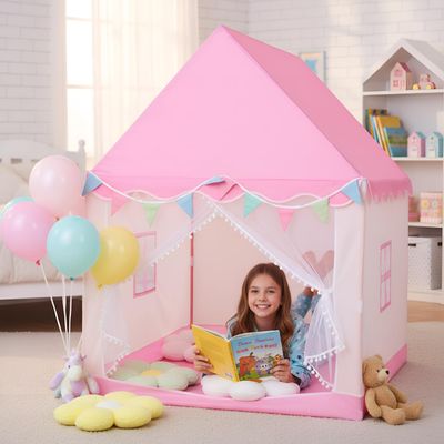 Chapou Pink Kids Play Tent with 4pcs Flower Pillow Daisy Pillow Decoration, Indoor/Outdoor Princess Castle Playhouse Tent for Girls Birthday Fairy Tale Theme Playhouses Children's Rooms Kindergartens