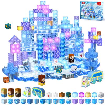 200 PCS Magnetic Blocks with Light Up Blocks - Transparent Magnetic Building Block for Kids Age 3+, Magnet Cubes Blue Castle, Magnets Toys Christmas Birthday Gift for Boys Girls 4 5 6 7 8 9 10 11 12+