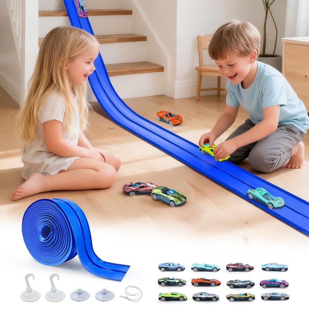 FALDAA 15ft Flexible Race Track for Kids with 12 Cars & 4 Suction Cups, Race Car Ramp Toy Compatible with Hot Wheels and 1/64 Diecast Cars, Portable Slot Car Track for Ages 3+