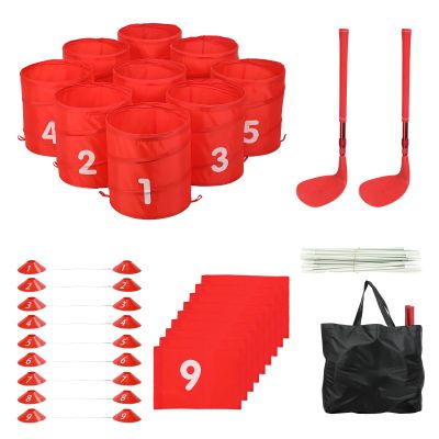 9-Hole Adults Backyard Golf Chipping Game Set, Portable Outdoor Golf Game with 2Clubs, Ideal for Golfs Beginners&Enthusiasts, Red Yard Practive Gaming for Lawn, Beach, Camping and Park (Red)
