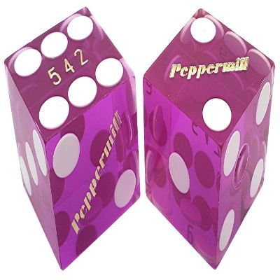 Authentic Nevada Craps Dice - Wide Selection Genuine Casino Table-Played Dice Pairs from Lake Tahoe, Reno & Other Nevada Destinations (Matching, Reno Peppermill - Purple Polished No Reno Lettering)
