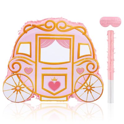 JolliLudo Princess Carriage Piata Pink Princess Birthday Party Decorations Carriage Piata with Blindfold and Bat for Birthday Girls Family Game Theme Party Supplies, 15 x 11.6 x 3 Inch