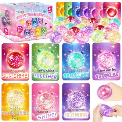 28 Pack Valentines Day Gifts for Kids, 28Pcs Valentines Stretchy Ball with 28Pcs Cards, Classroom Exchange Prizes & Party Favors, Kids Valentines Day Cards, Ideal Valentine Gifts for Boys Girls
