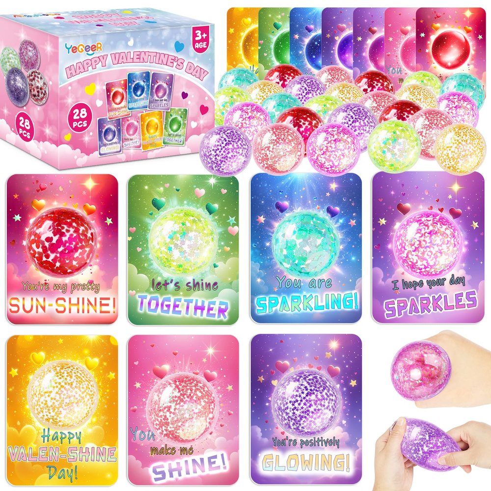 28 Pack Valentines Day Gifts for Kids, 28Pcs Valentines Stretchy Ball with 28Pcs Cards, Classroom Exchange Prizes & Party Favors, Kids Valentines Day Cards, Ideal Valentine Gifts for Boys Girls