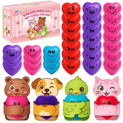 Gocozer 28 Packs Heart Stress Ball with Valentine Cards Heart Shape squishy toy Stress Relief Fidget Toy with Valentines Greeting Cards,Kids Valentines Classroom Exchange Party Favors