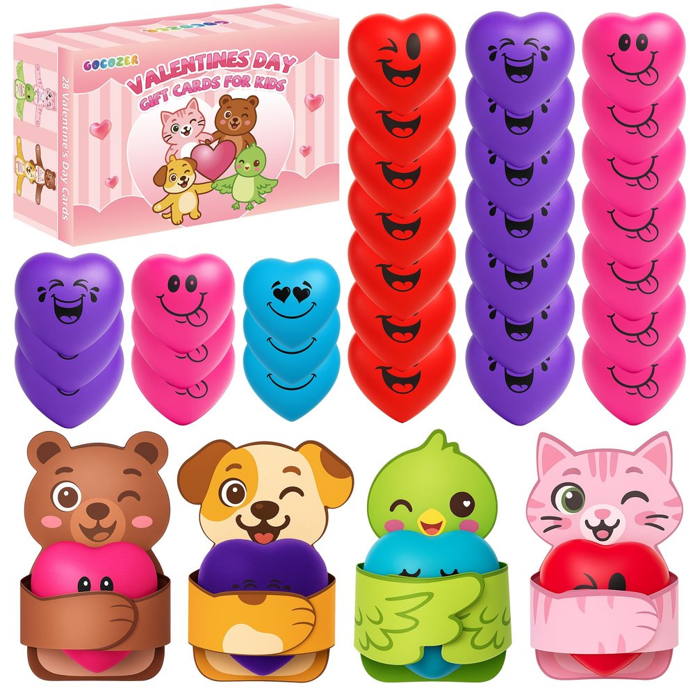 Gocozer 28 Packs Heart Stress Ball with Valentine Cards Heart Shape squishy toy Stress Relief Fidget Toy with Valentines Greeting Cards,Kids Valentines Classroom Exchange Party Favors